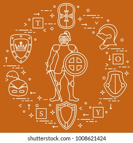 Knight, shields, swords, helmets, cubes. Design element for postcard, banner or print. 