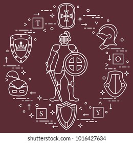 Knight, shields, swords, helmets, cubes. Design element for postcard, banner or print. 