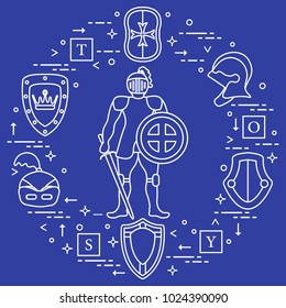 Knight, shields, swords, helmets, cubes. Design element for postcard, banner or print. 