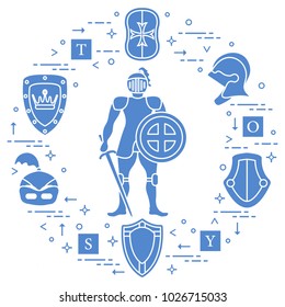 Knight, shields, swords, helmets, cubes. Design element for postcard, banner or print. 