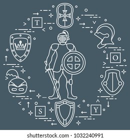 Knight, shields, swords, helmets, cubes. Design element for postcard, banner or print. 