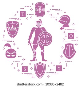 Knight, shields, swords, helmets, cubes. Design element for postcard, banner or print. 