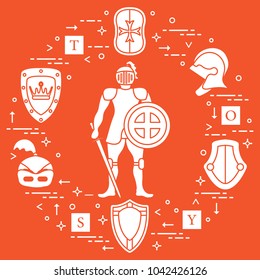 Knight, shields, swords, helmets, cubes. Design element for postcard, banner or print. 