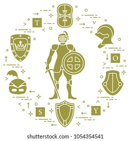 Knight, shields, swords, helmets, cubes. Design element for postcard, banner or print. 