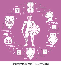 Knight, shields, swords, helmets, cubes. Design element for postcard, banner or print. 