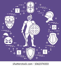 Knight, shields, swords, helmets, cubes. Design element for postcard, banner or print. 