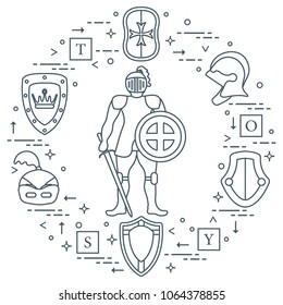 Knight, shields, swords, helmets, cubes. Design element for postcard, banner or print. 