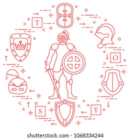 Knight, shields, swords, helmets, cubes. Design element for postcard, banner or print. 