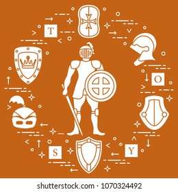 Knight, shields, swords, helmets, cubes. Design element for postcard, banner or print. 