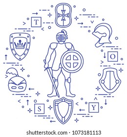 Knight, shields, swords, helmets, cubes. Design element for postcard, banner or print. 