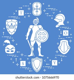 Knight, shields, swords, helmets, cubes. Design element for postcard, banner or print. 