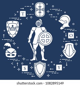 Knight, shields, swords, helmets, cubes. Design element for postcard, banner or print. 