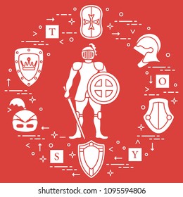 Knight, shields, swords, helmets, cubes. Design element for postcard, banner or print. 