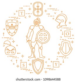 Knight, shields, swords, helmets, cubes. Design element for postcard, banner or print. 