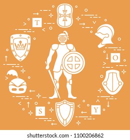 Knight, shields, swords, helmets, cubes. Design element for postcard, banner or print. 