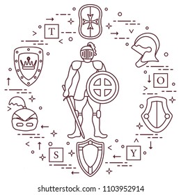 Knight, shields, swords, helmets, cubes. Design element for postcard, banner or print. 