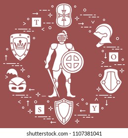Knight, shields, swords, helmets, cubes. Design element for postcard, banner or print. 