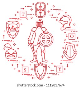 Knight, shields, swords, helmets, cubes. Design element for postcard, banner or print. 