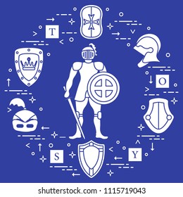 Knight, shields, swords, helmets, cubes. Design element for postcard, banner or print. 