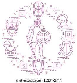Knight, shields, swords, helmets, cubes. Design element for postcard, banner or print. 