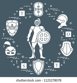 Knight, shields, swords, helmets, cubes. Design element for postcard, banner or print. 
