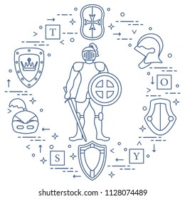 Knight, shields, swords, helmets, cubes. Design element for postcard, banner or print. 