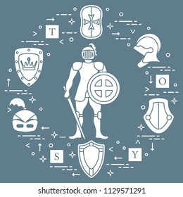 Knight, shields, swords, helmets, cubes. Design element for postcard, banner or print. 
