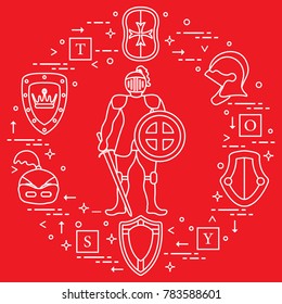 Knight, shields, swords, helmets, cubes. Design element for postcard, banner or print. 