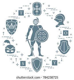 Knight, shields, swords, helmets, cubes. Design element for postcard, banner or print. 