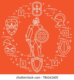 Knight, shields, swords, helmets, cubes. Design element for postcard, banner or print. 