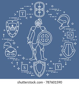 Knight, shields, swords, helmets, cubes. Design element for postcard, banner or print. 