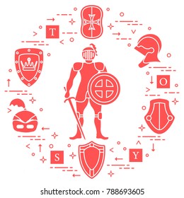 Knight, shields, swords, helmets, cubes. Design element for postcard, banner or print. 