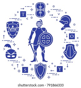 Knight, shields, swords, helmets, cubes. Design element for postcard, banner or print. 