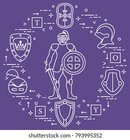 Knight, shields, swords, helmets, cubes. Design element for postcard, banner or print. 