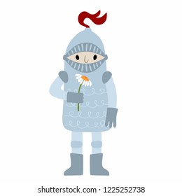 Knight in shiny armor holding a flower, a concept of chivalry, courtesy or etiquette. Vector cartoon style medieval character isolated on white background. Perfect for cards, invitations etc.
