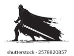 A knight is shown in a black and white image, holding a sword