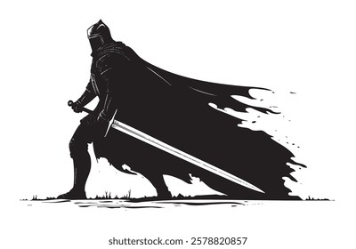 A knight is shown in a black and white image, holding a sword