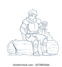 knight sitting on a tree trunk