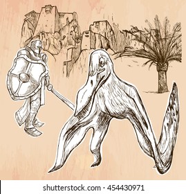 A Knight slaying the Dragon (Pterosaurus). Freehand sketching, line drawing. An hand drawn vector illustration. Colored background is isolated. Line drawing technique. Vector is easy editable.