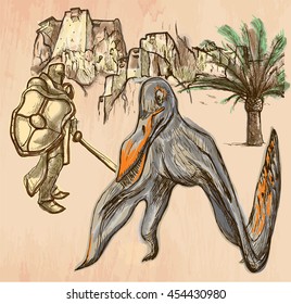 A Knight slaying the Dragon (Pterosaurus). Freehand sketching, line drawing. An hand drawn vector illustration. Colored background is isolated. Line drawing technique. Vector is easy editable.