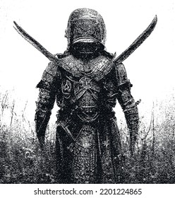 Knight. Spartacus. Roman warrior. Terminator with weapons. Artificial intelligence. Vector illustration for cinema and advertising of the video game. 