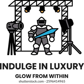 A knight is standing in front of a castle with a sword in his hand. The image is titled "Indulge in Luxury" and is meant to convey a sense of luxury and opulence