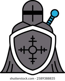 A knight is standing in front of a shield with a cross on it. The shield is large and the knight is wearing a black cape. The knight is holding a sword in his right hand