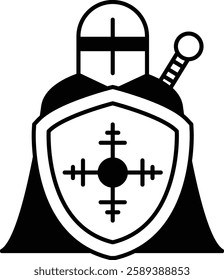 A knight is standing in front of a shield with a cross on it