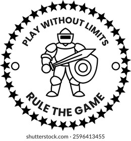 A knight is standing in front of a shield and sword. The shield has a circle with stars around it. The words "play without limits" are written in the center of the shield