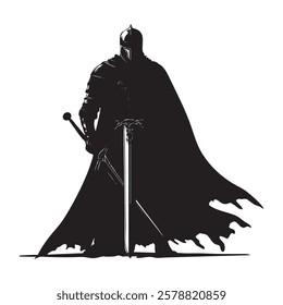A knight is standing in front of a white background with a sword in his hand