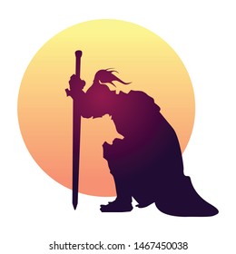 Knight standing on his knee and praying. Logo/icon vector design.