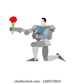 Knight standing on one knee and Bouquet of flowers. Valentines Day. February 14 illustration.