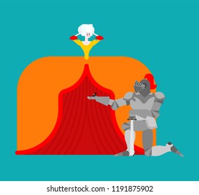 Knight standing on one knee and making marriage proposal lady. Medieval rendezvous. Mediaeval love. Valentines Day. February 14 illustration.