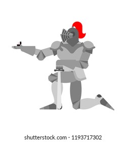 Knight standing on one knee and Wedding ring. Valentines Day. February 14 illustration.